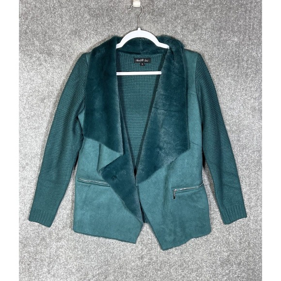 Twelfth Love Faux Suede Knit Faux Fur Open Front Jacket Womens Size‎ Small Teal - Picture 1 of 8
